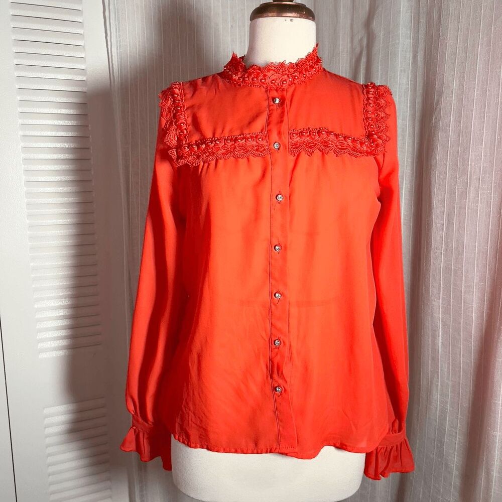 The Moon Blouse Size L Modern Rich Coral Pearl Lace Cottagecore Coquette Top